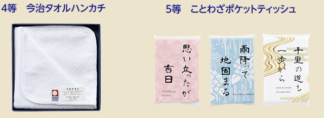 4等　今治タオルハンカチ、5等　ことわざポケットティッシュ